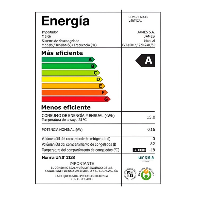 Freezer Vertical James 88 Litros Clase A FVJ 100 KN Freezer Vertical James 88 Litros Clase A FVJ 100 KN