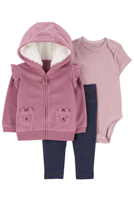 Set tres piezas, campera micropolar con sherpa, pantalón jean y body de algodón Sin color