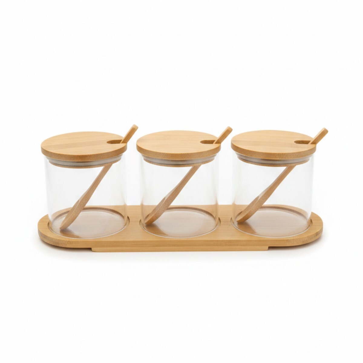 SET FRASCO DE VIDRIO 4PZ C/TAPA/CUCH/BASE MADERA 