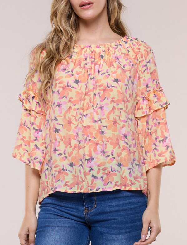 Blusa Holgada Con Escote Fruncido MULTI/ANARANJADO