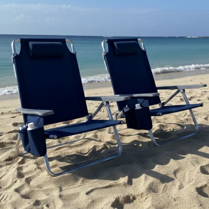 Reposera x2 Silla baja con posa brazo de plástico y bolsillo AZUL