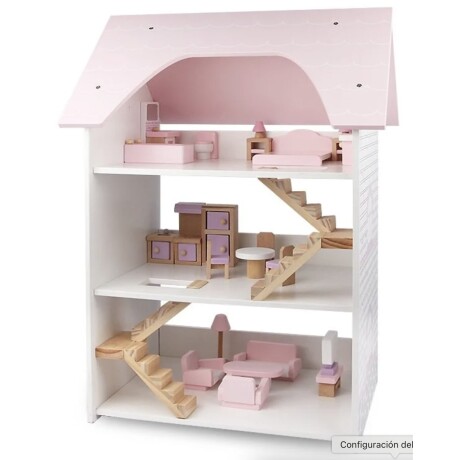Casita de muñecas de madera con techo rosa - 3 pisos 001