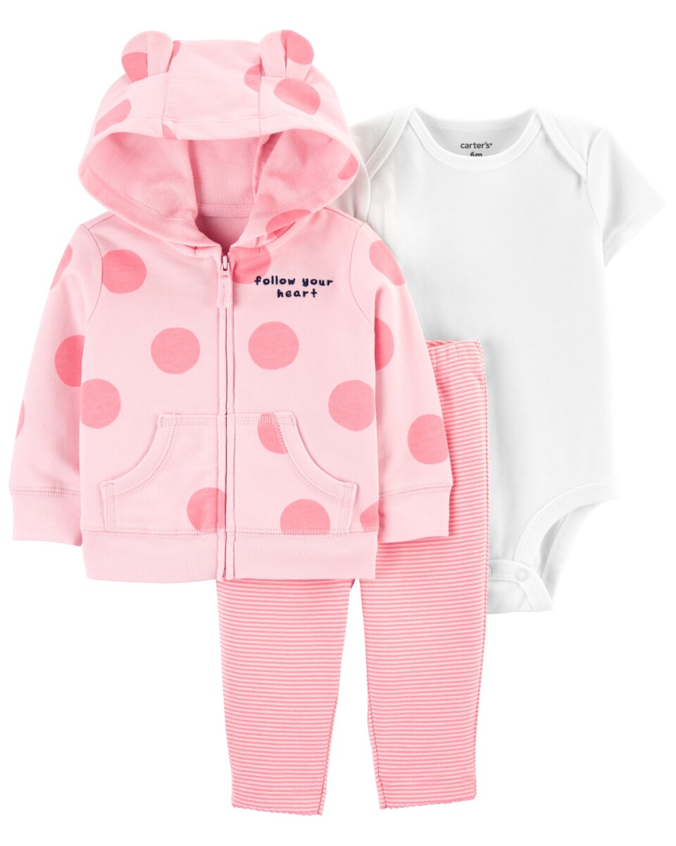 Set tres piezas de algodón, campera, pantalón y body, diseño a lunares 