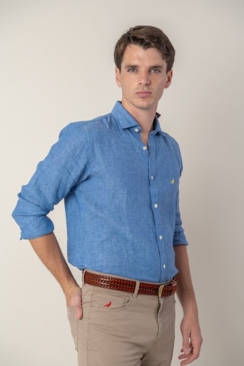 Camisa short collar lino Blue