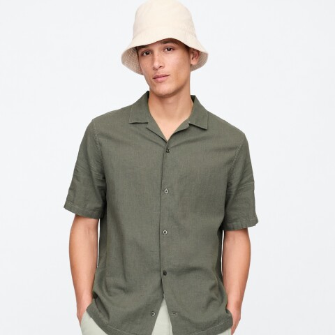 V-SS STANDARD LINEN COTTON RESORT COLLAR MESCULEN GREEN