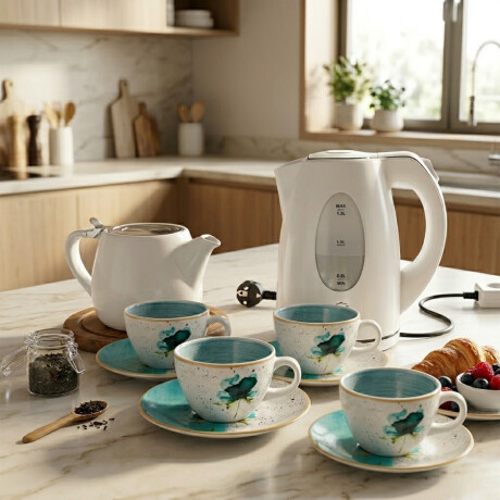 Kit Juego de Té Blanco con Tetera de Cerámica, Jarra Eléctrica Lacor y Set de Té 8 Piezas Kit Juego de Té Blanco con Tetera de Cerámica, Jarra Eléctrica Lacor y Set de Té 8 Piezas