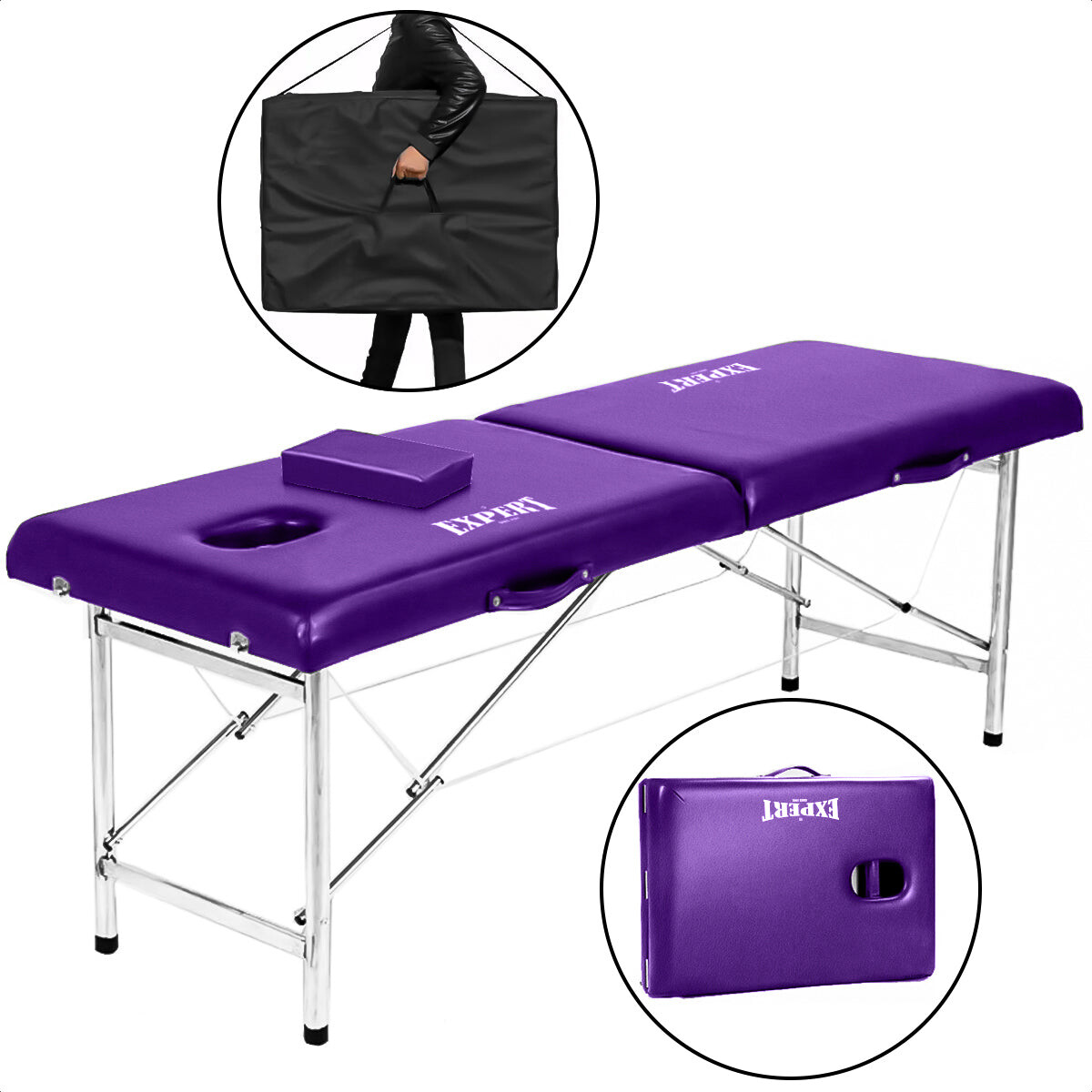 Camilla Masajes Profesional Portátil Metal PU + Bolso - Violeta 