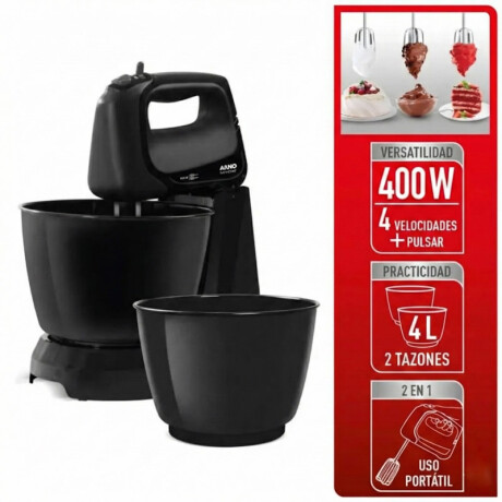 Mini Batidora Arno | 4 velocidades + Pulsar | Con 2 bowls de 4 Lts. | Color negro. Mini Batidora Arno | 4 velocidades + Pulsar | Con 2 bowls de 4 Lts. | Color negro.