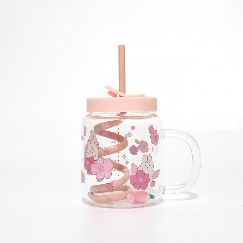 TAZA DE VIDRIO DIBUJOS ANIMADOS CON PAJITA EN ESPIRAL Y TAPA (ROSA/350 ML) TAZA DE VIDRIO DIBUJOS ANIMADOS CON PAJITA EN ESPIRAL Y TAPA (ROSA/350 ML)