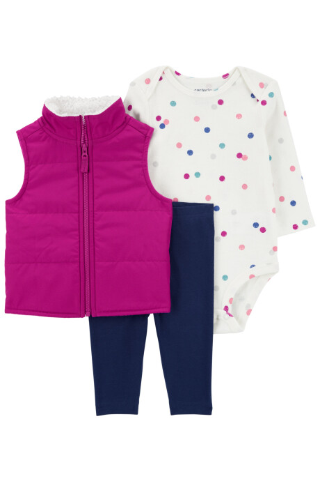 Set tres piezas, chaleco con cuello en sherpa, body y pelele de algodón Sin color