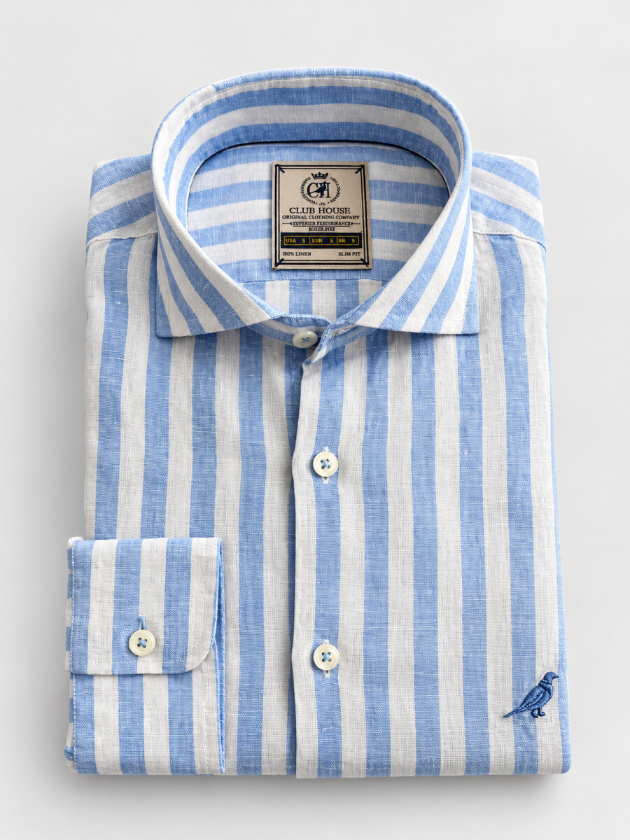 Camisa Lino Hudson Collar - Rayas Celeste Bahía 