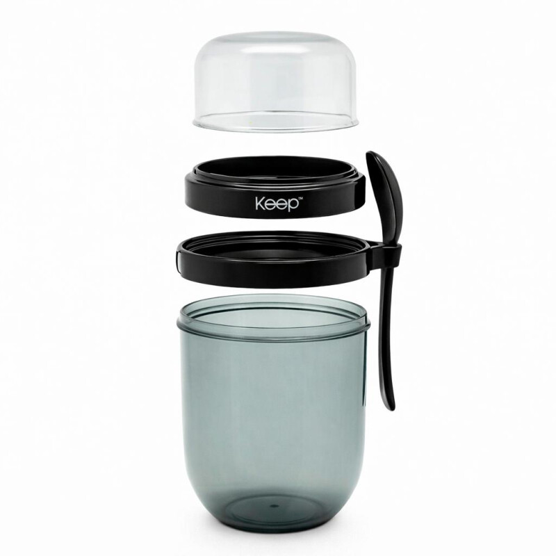 Tupper para Yogur y Snack con Doble Compartimento y Cuchara Negro