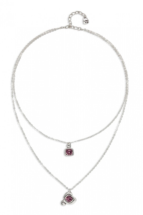 COLGANTE BAÑADO EN PLATA DE LEY CON DOBLE CADENA Y CORAZONES CON CRISTAL ROSA Colgante