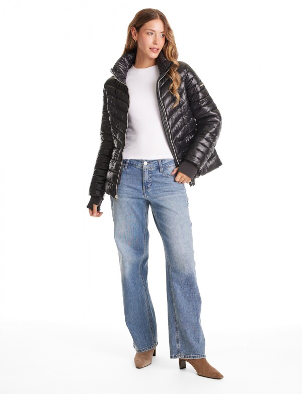 Campera Puffer Satinada Con Capucha Y Puños NEGRO