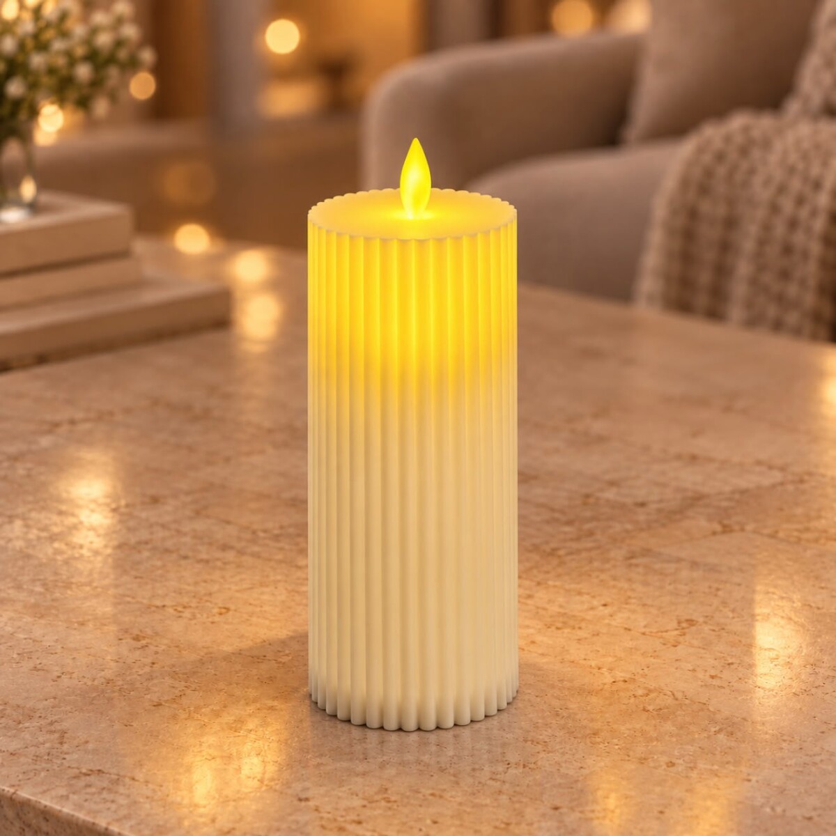 Vela LED Decorativa Acanalada Grande – Luz Cálida 15cm x 8cm 