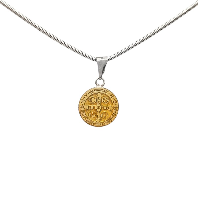 Dije Medalla redonda San Benito doble imagen-Plata y oro- Sin piedra- CP5063 sinpiedra