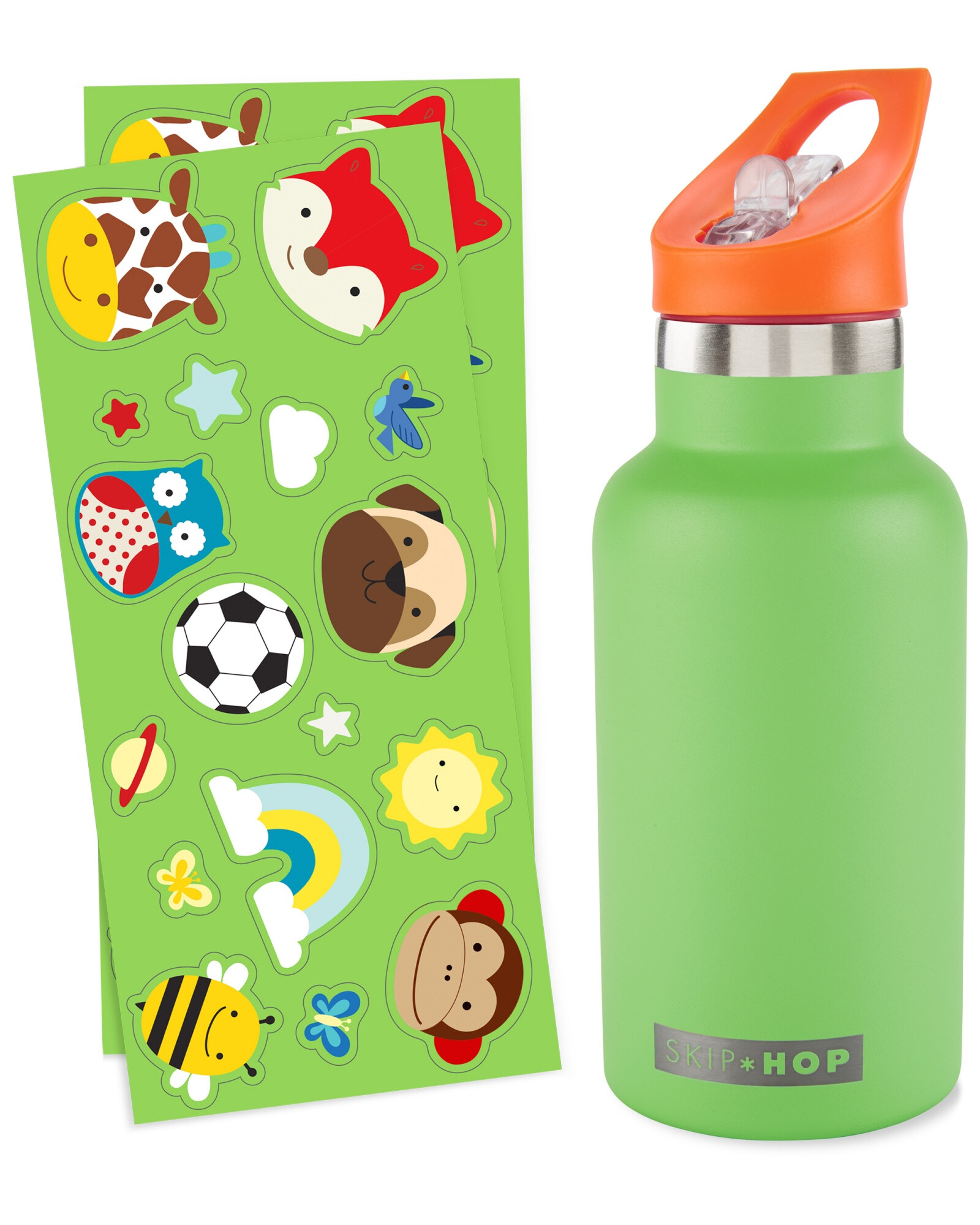 Botella de acero inoxidable con sorbito y stickers, verde Botella de acero inoxidable con sorbito y stickers, verde