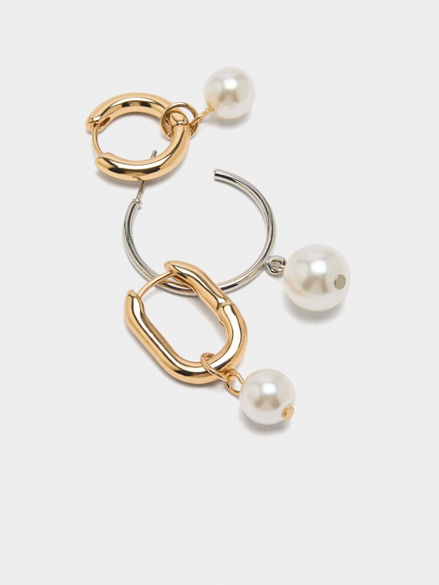 Set De Aros Bicolor Con Perlas dorado