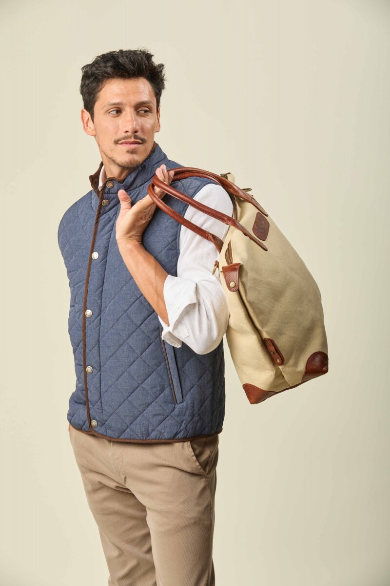 Bolso Tafeta y Cuero Azul - Beige 