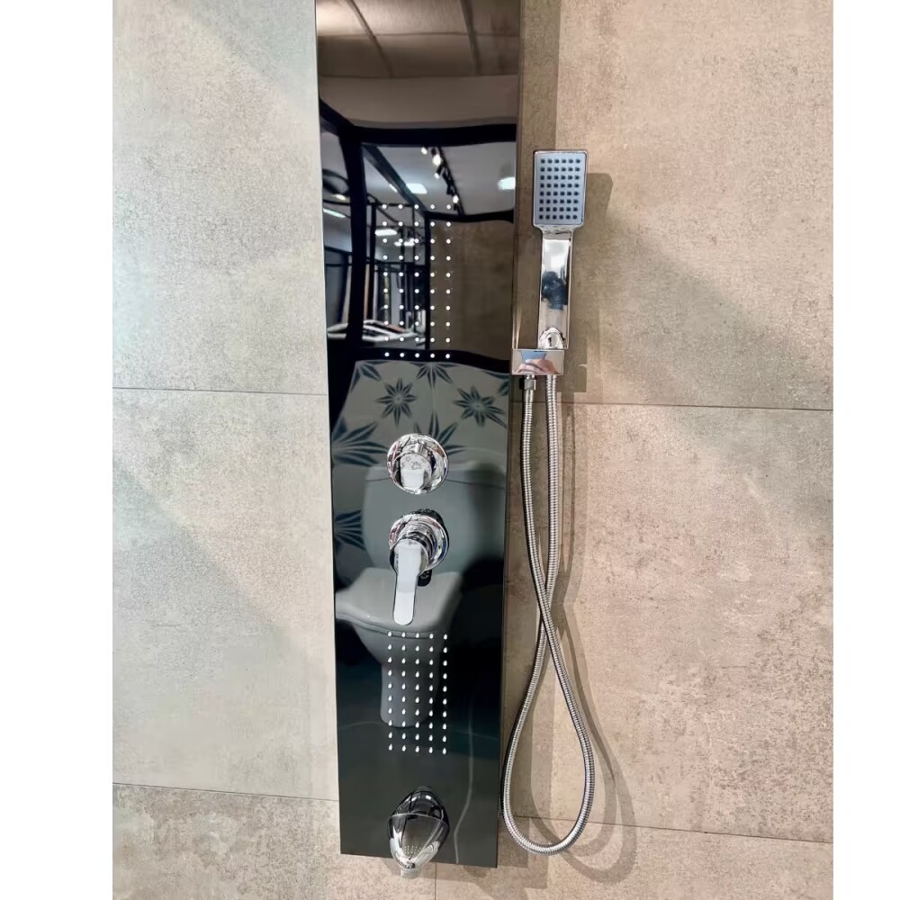 Panel de ducha monocomando exterior con transferencia, 5 vías Negro Brillante Panel De Ducha Monocomando Exterior Con Transferencia, 5 Vías Negro Brillante