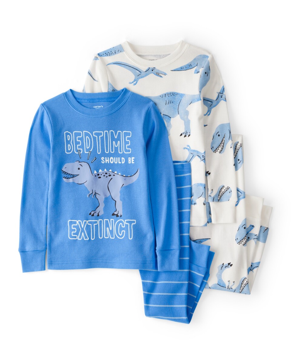Pijama cuatro piezas de algodón, dos remeras manga larga y dos pantalones, diseño dinos 