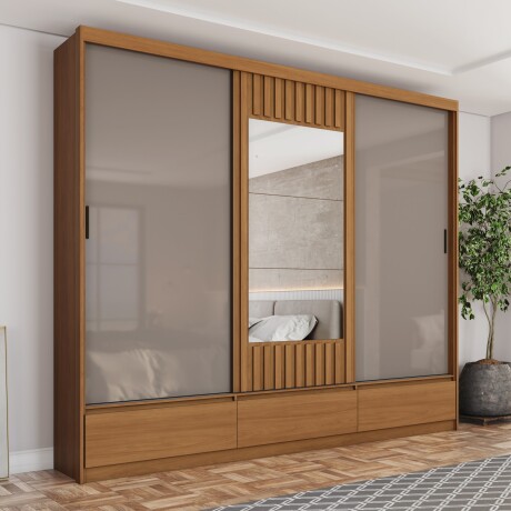 ROPERO DELVIN 3 PUERTAS 3 CAJONES CON ESPEJO GUARDARROPA CLOSET ARMARIO CANELA