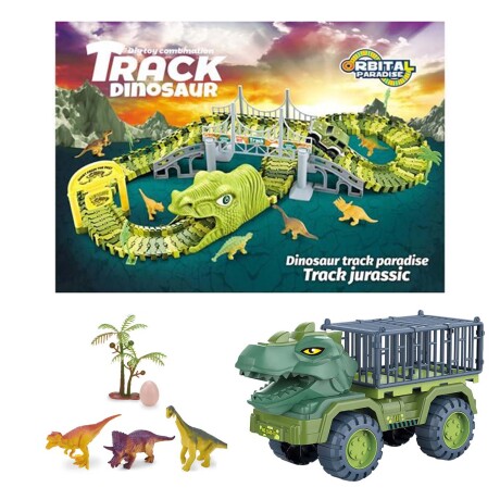 Set Pista Carreras Encastrable Dino 140P + Camión Dinosaurio Verde