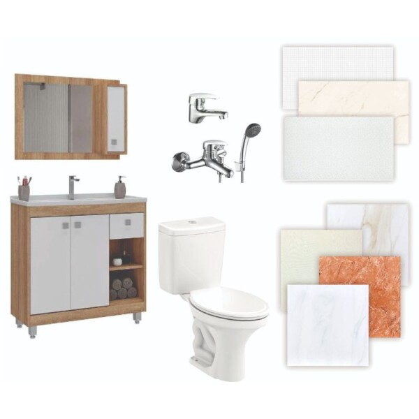 BAÑO COMPLETO N°5 INODORO CON MOCHILA + MUEBLE DE BAÑO 80 CM CON ESPEJO + GRIFERIA + CERAMICA DE PISO Y PARED BAÑO COMPLETO N°5 INODORO CON MOCHILA + MUEBLE DE BAÑO 80 CM CON ESPEJO + GRIFERIA + CERAMICA DE PISO Y PARED