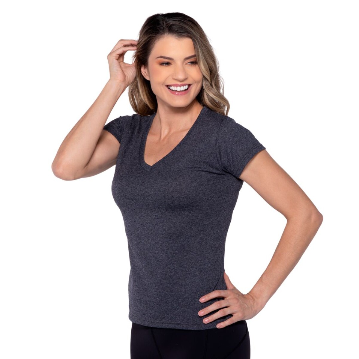 Camiseta jaspe escote en v dama - Negro 