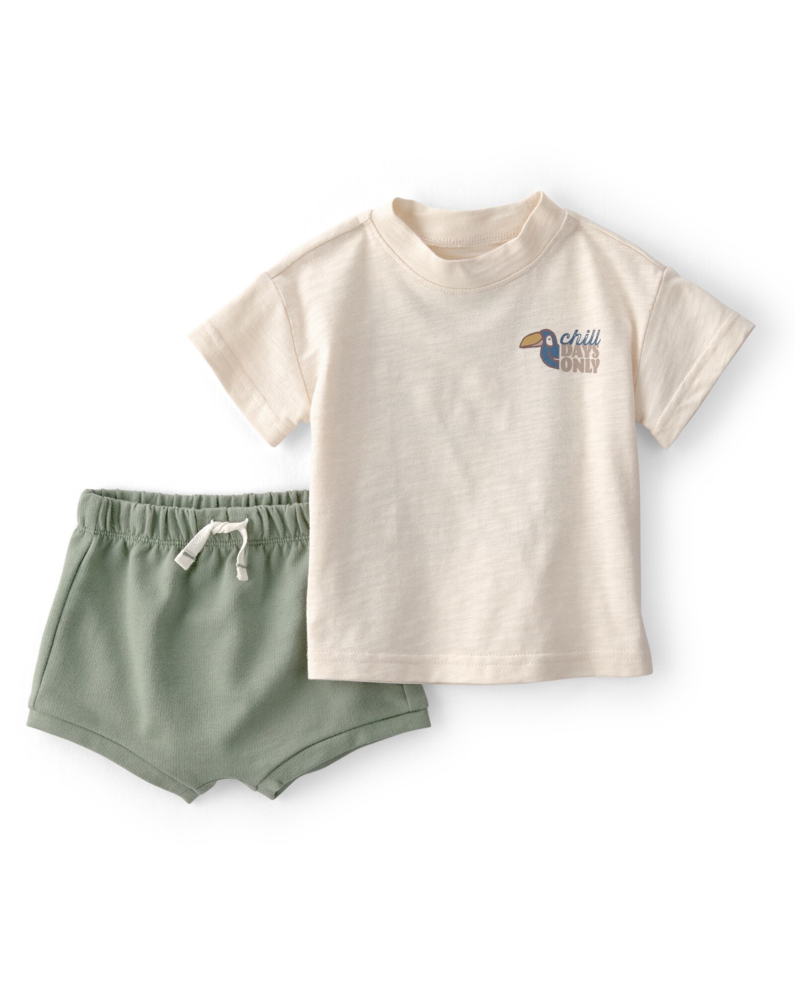 Set dos piezas de algodón, short y remera, verde y crema, estampa tucán Sin color