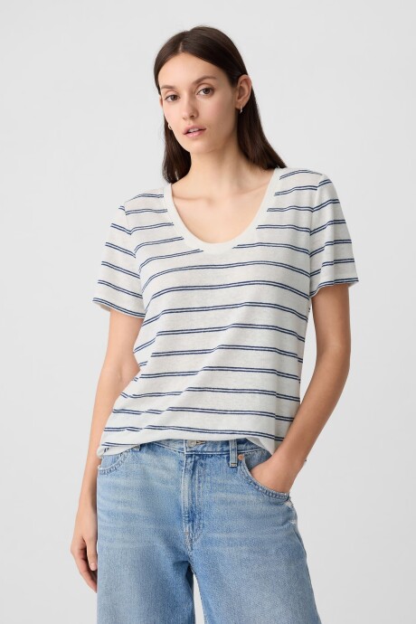 Remera De Lino A Rayas Cuello V Mujer White Navy Stripe