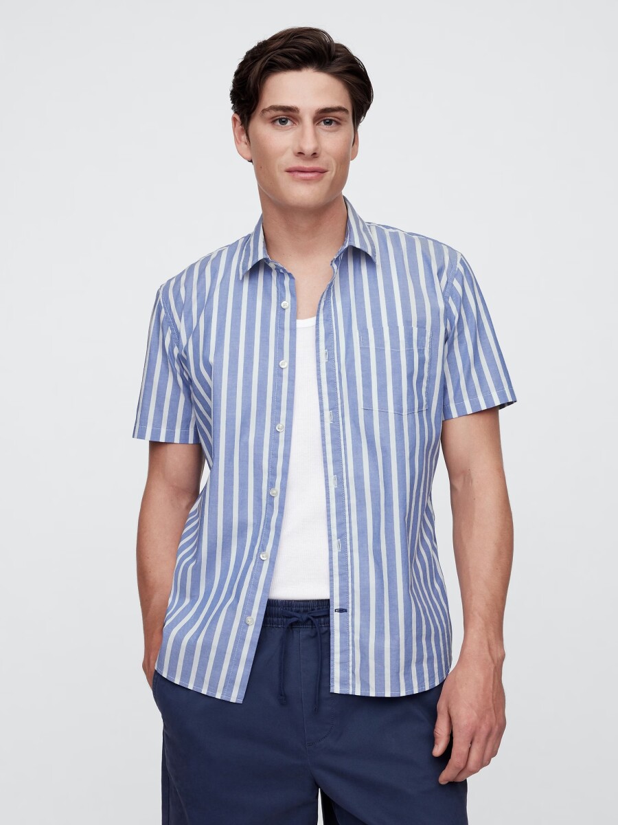 Camisa Poplin Manga Corta Hombre - Blue White Stripe 