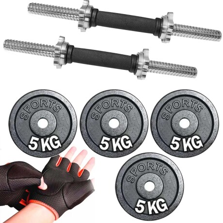 Set 2 Mancuernas Maciza Cromada + 20 Kilos + Guantes 4 Discos 5kg