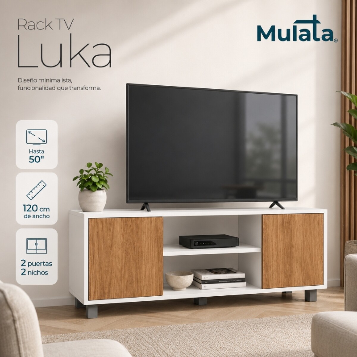 Mueble Rack de Tv Luka Hasta 50" Manhattan de Piso con 2 Puertas y Estantes 120 cm de Ancho - Manchester / Blanco 