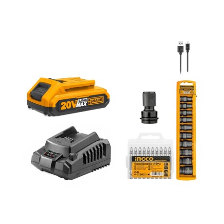 Kit Ingco llave de Impacto a batería 20V + linterna + accesorios Kit Ingco llave de Impacto a batería 20V + linterna + accesorios