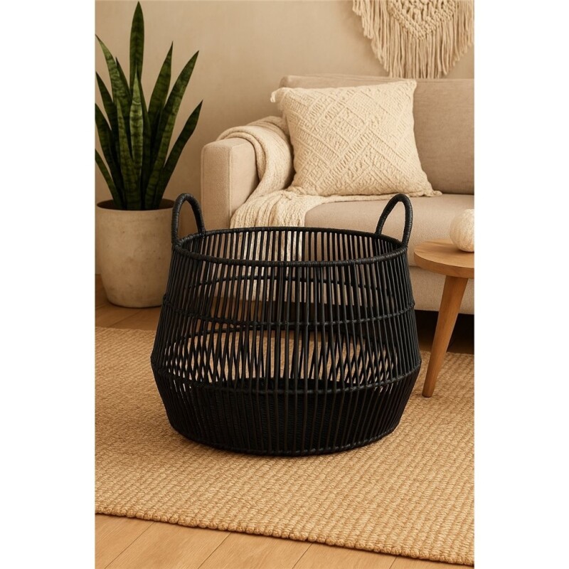 Cesto Plástico Símil Ratán Negro con Asas D40 x 30 cm CESTO C/ASAS D40X30CMS PLASTICO SIMIL RATAN NEGRO
