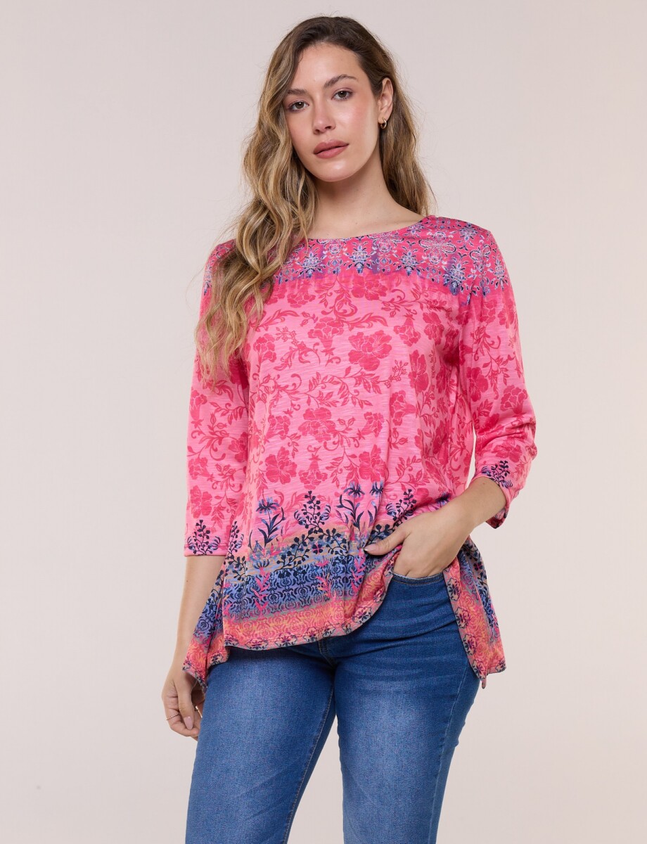 Remera Evasé Estampada - Fucsia/multi 
