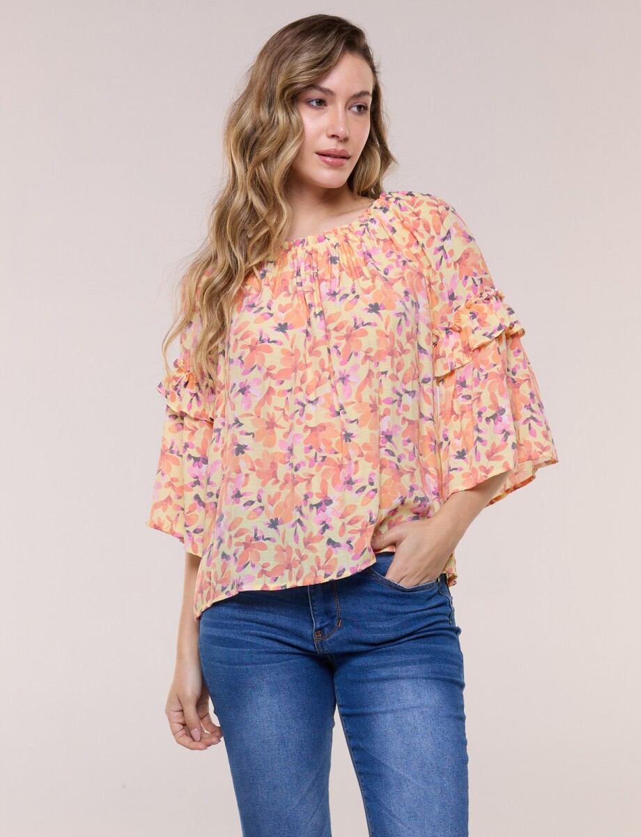 Blusa Holgada Con Escote Fruncido - Multi/anaranjado 