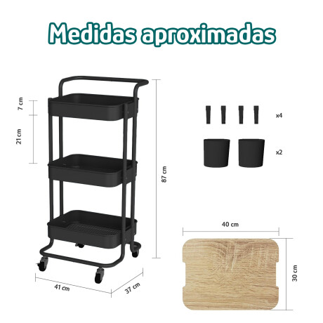 Carrito Organizador Multiuso 3Niveles Ruedas 360° Tapa Negro