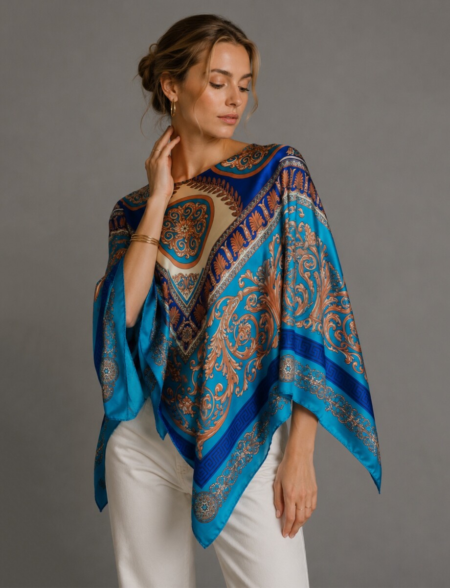 Poncho Saten Arabescos - Multi/turquesa 