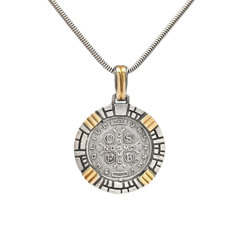 Dije Medalla Redonda San Benito Doble imagen-Plata y oro- Sin piedra- CP5045 sinpiedra