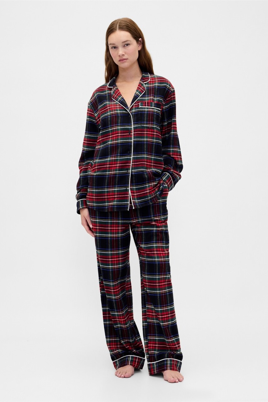 Pijama Set Camisa Y Pantalón Franela Mujer Fs Black Tartan