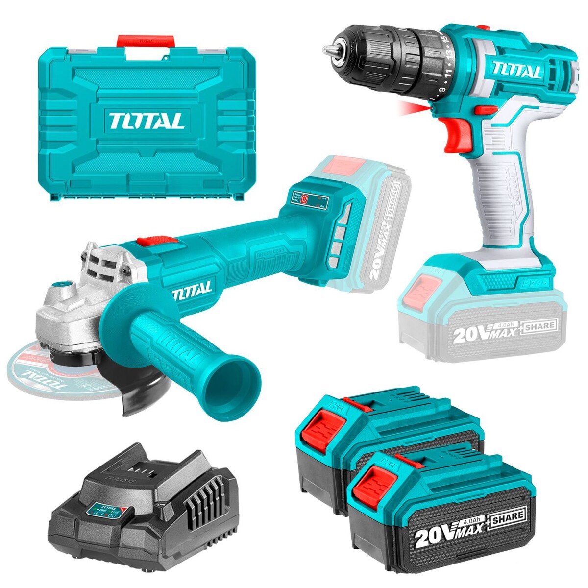 Kit Línea 20v: Amoladora Sin Carbones + Atornillador 10mm, 2 Baterías 4.0Ah 