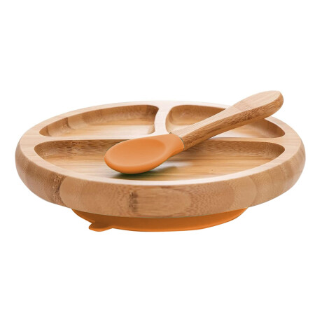 Plato con Separaciones y Cuchara Comida Bebé Madera Silicona Naranja