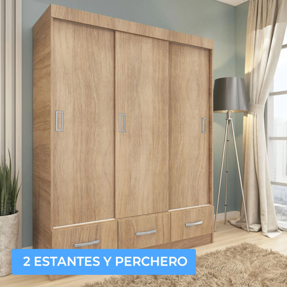 Ropero 3 puertas corredizas con estantes y perchero - Blanco con espejo —  Mulata Muebles