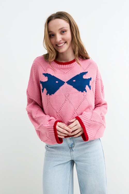 Sweater tejido jacquard peces ROSADO