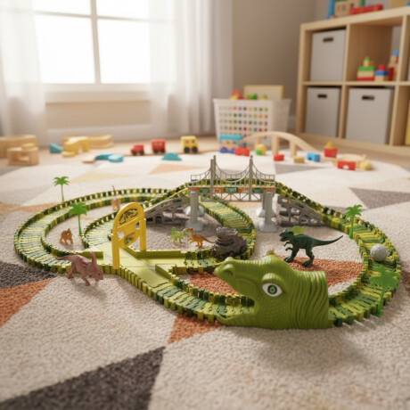 Pista Carreras Dinosaurio Jurassic Flexible Encastrable 220P Verde