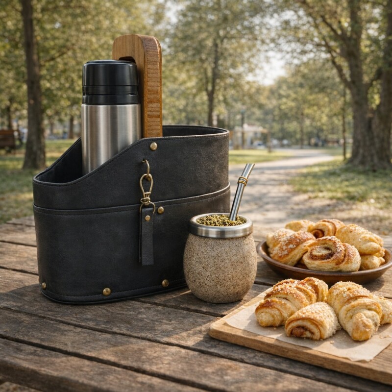 Matera Simil Cuero Porta Termo y Mate Azul Marino