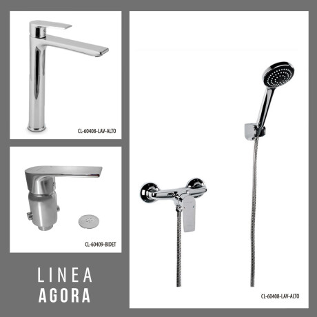 JUEGO COMPLETO DE GRIFERIA CROMADA DE BAÑO MONOCOMANDO. INCLUYE DUCHA EXTERNA, LAVATORIO Y BIDET. AGORA CLEVER 000