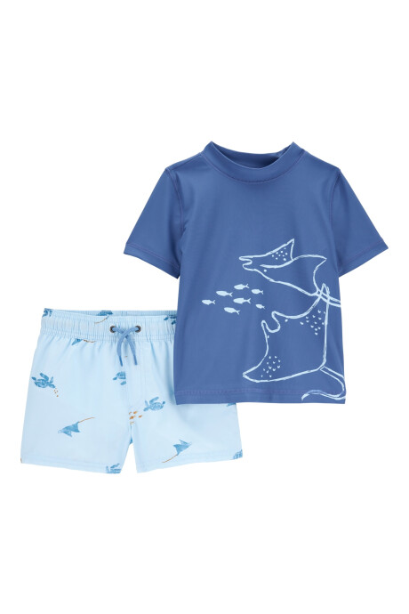 Traje de baño dos piezas, protección UPF 50+, manga corta, diseño mantarrayas Traje de baño dos piezas, protección UPF 50+, manga corta, diseño mantarrayas